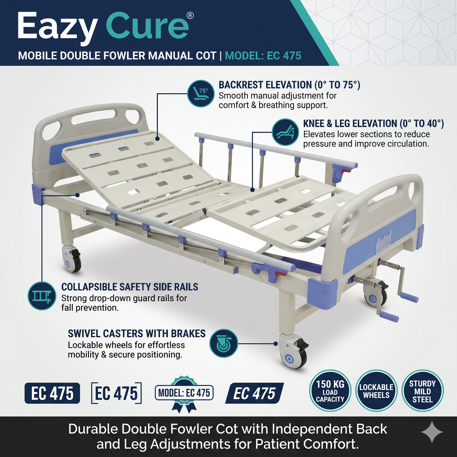 2 Function Manual Patient Cot with Wheels - MS Side Rails