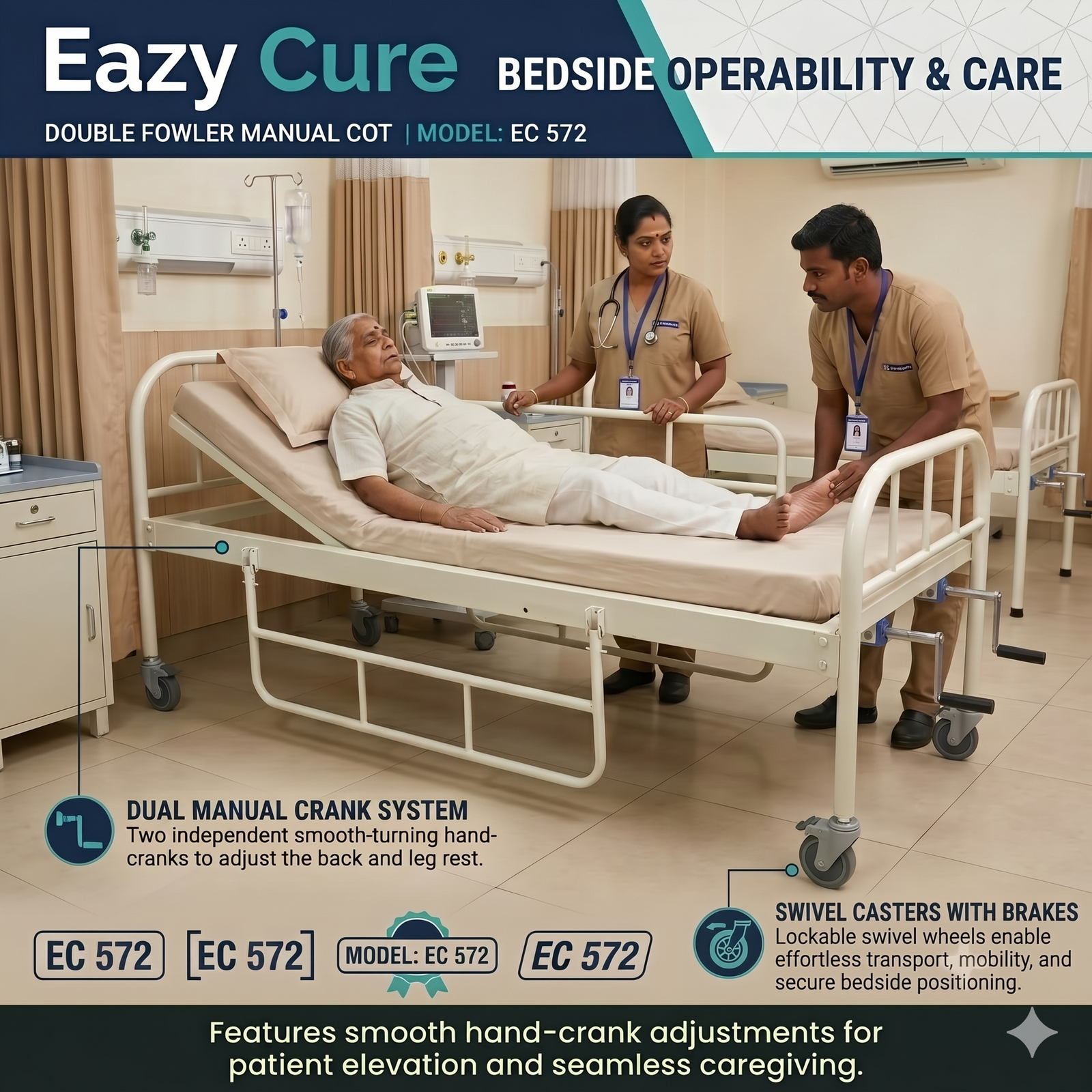 2 Function Manual Patient Cot with Wheels - MS Side Rails - Image 3