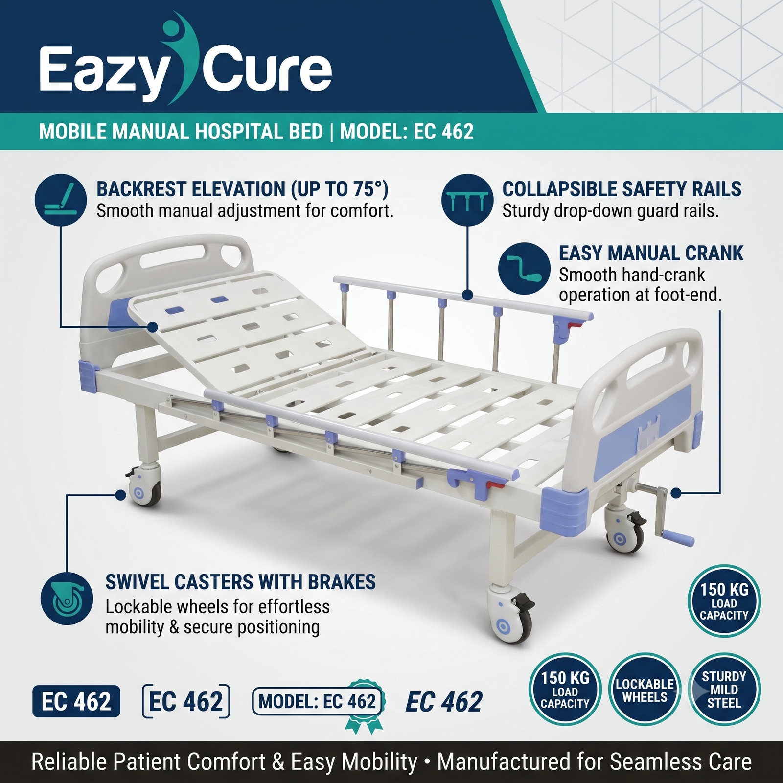 1 Function Manual Hospital Cot with Wheels - ABS Boards and Aluminium Side Rails - Image 2