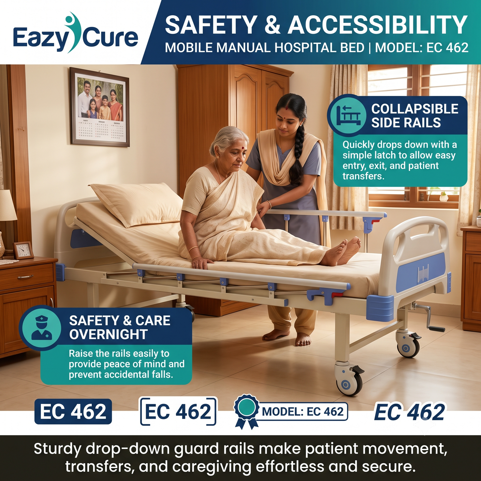 1 Function Manual Hospital Cot with Wheels - ABS Boards and Aluminium Side Rails - Image 4